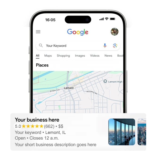 Smartphone showing a Google Maps local business listing with 5-star rating, illustrating local SEO results for Chicagoland businesses