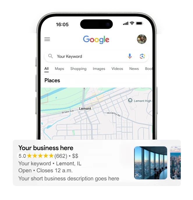 Smartphone showing a Google Maps local business listing with 5-star rating, illustrating local SEO results for Chicagoland businesses