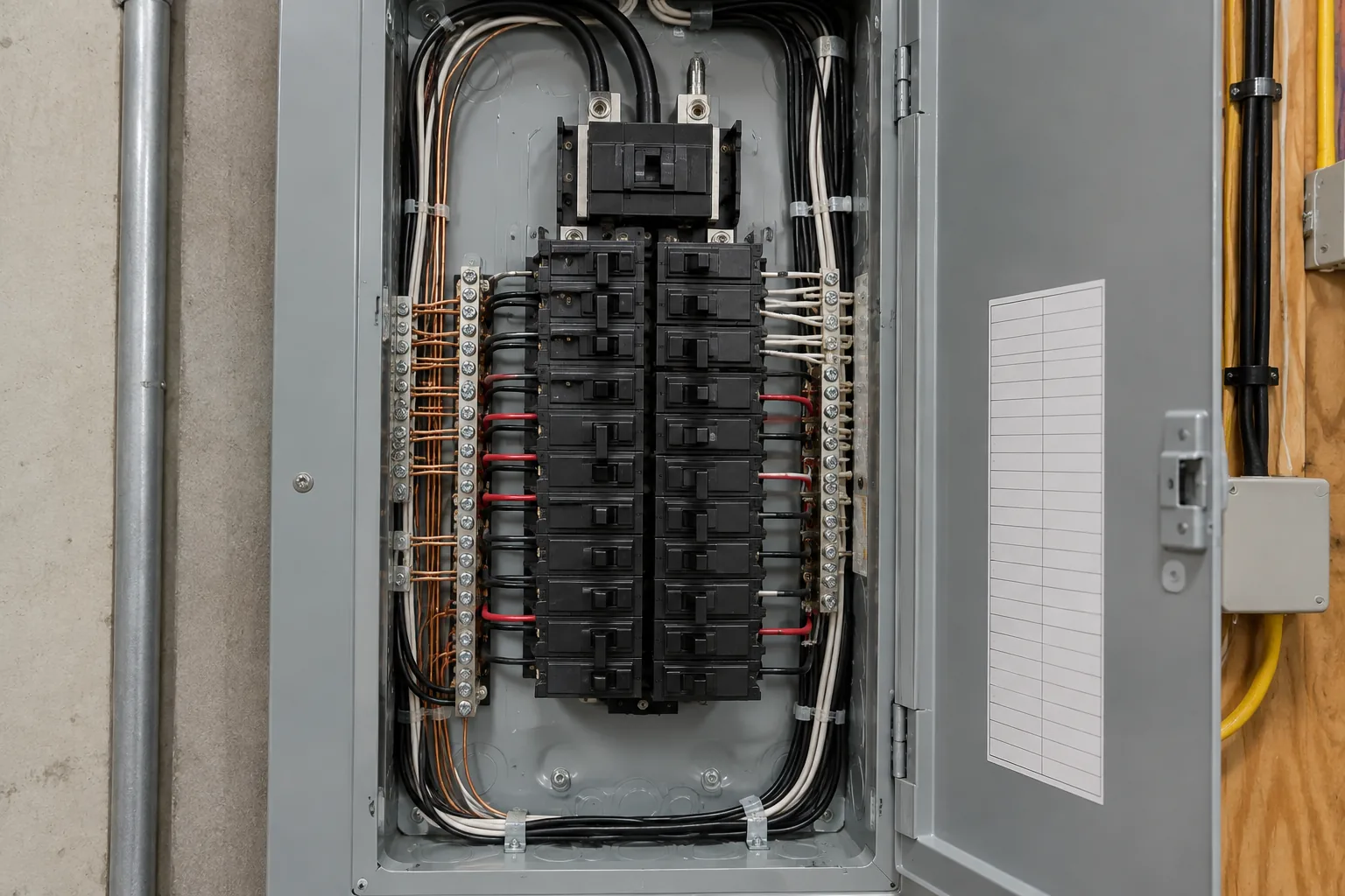 Close-up of an open residential electrical breaker panel