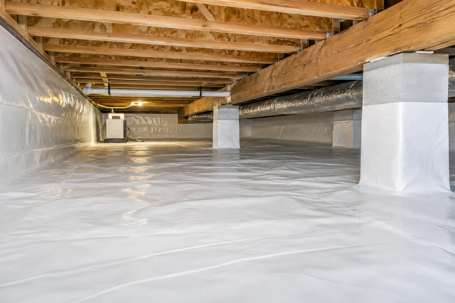 Clean encapsulated crawlspace with white vapor barrier across the floor and walls
