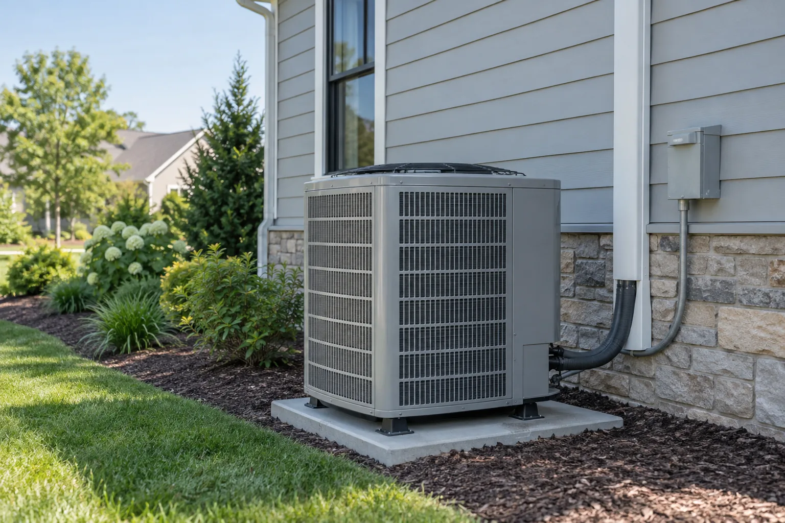Residential outdoor air-conditioning unit beside a well-kept home