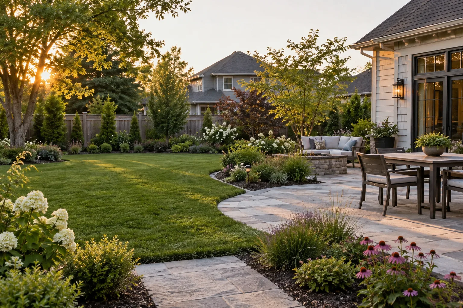 Landscaped backyard with lawn, planting beds, and stone patio