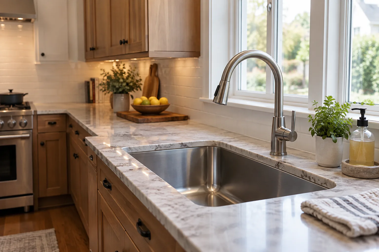 Stainless-steel kitchen sink and faucet in a bright residential kitchen
