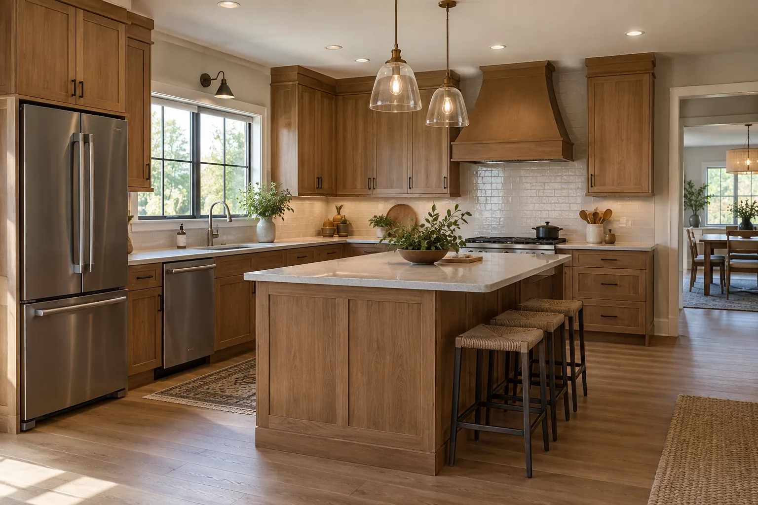 Completed kitchen remodel with warm wood cabinetry and stone countertops